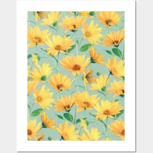 Painted Golden Yellow Daisies on soft sage green Posters and Art